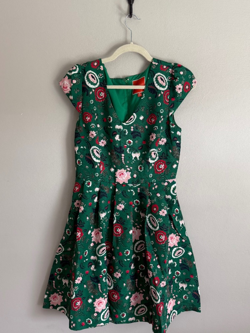 ModCloth Green Floral Fit & Flare Dress M Pleated Tulle Pockets